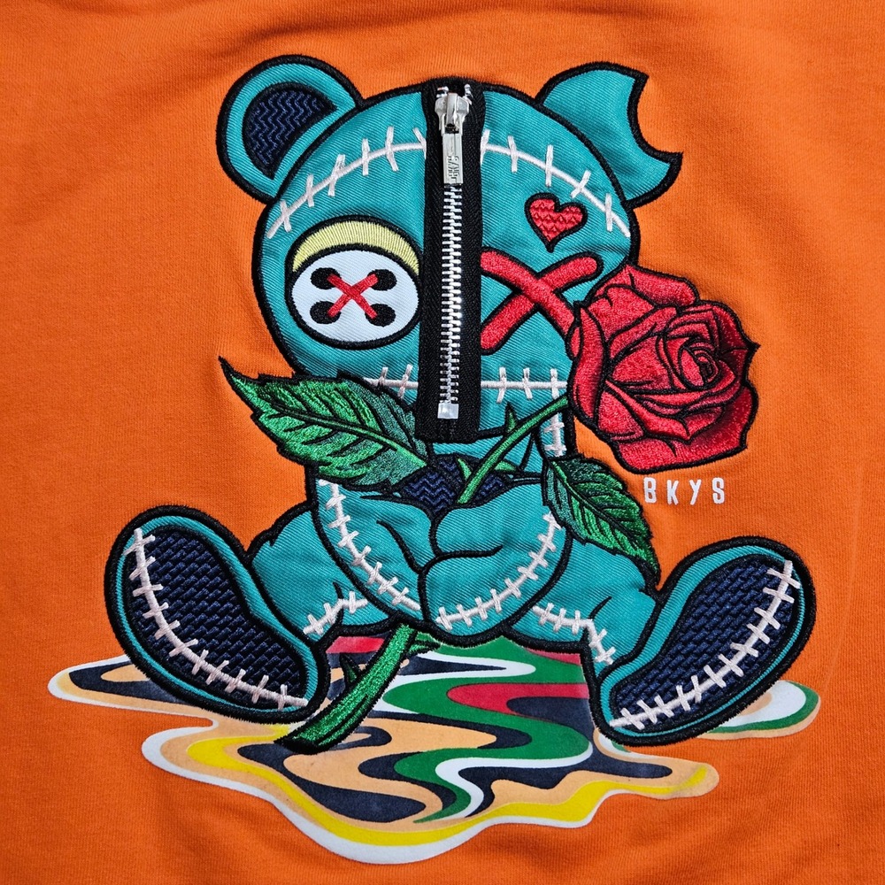 BKYS Sweatshirt 2XL Orange Embroidered Teddy Bear Rose Striped Trim Crewneck - Picture 5 of 9